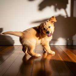 Sleepy Golden Retriever Puppy Rests After Shadow Chase