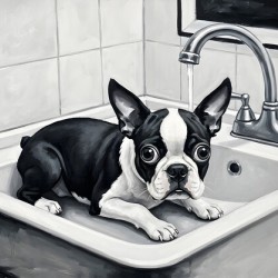 Boston Terrier Puppy Waits Nervously In Bathroom Sink
