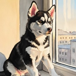 Sleepy Husky Puppy Naps On Cozy Windowsill