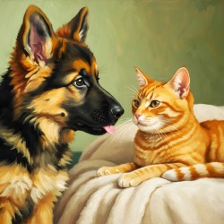 German Shepherd Puppy Meets Sleeping Cat