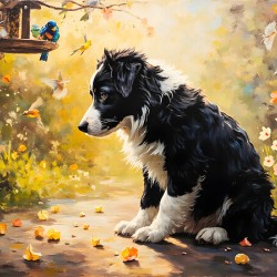 Content Border Collie Puppy Enjoys Watching Birds From Garden Below