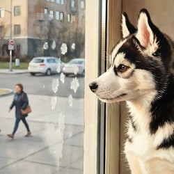 Husky Puppy Discovers City Life From Window Perch