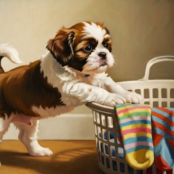 Shih Tzu Puppy Spots Tempting Sock In Laundry Basket