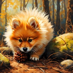 Pomeranian Puppy Discovers Pinecone In Forest