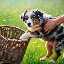 Australian Shepherd Puppy Discovers Bicycle Basket Adventure