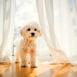 Poodle Puppy Peeking Behind Burgundy Curtains