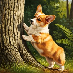 Corgi Puppy Spots Squirrel At Tree Base