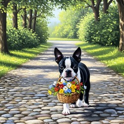 Boston Terrier Puppy With Flower Basket In Garden