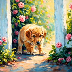 Happy Labrador Retriever Puppy Emerging From Behind Brick Wall