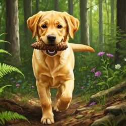 Happy Puppy Rests With Pinecone In Forest Shade