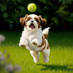 Victorious Shih Tzu Puppy With Tennis Ball Prize