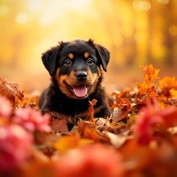 Tired Rottweiler Puppy Rests On Autumn Leaf Bed
