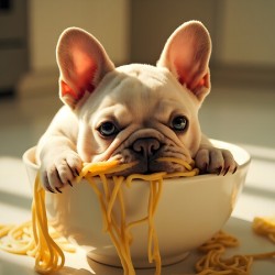 French Bulldog Puppy Discovers Spaghetti Bowl