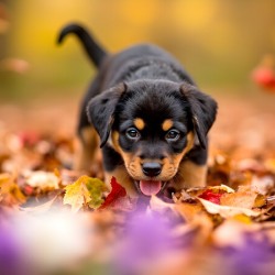 Rottweiler Puppy Discovers Autumn Leaf Pile