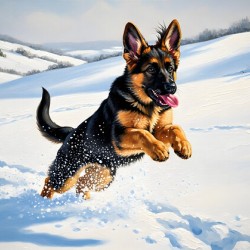 Happy German Shepherd Puppy Rests In Snow