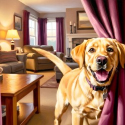 Happy Labrador Puppy Running From Dark Blue Curtains