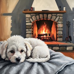 Bichon Frise Puppy Dreams By The Fireplace
