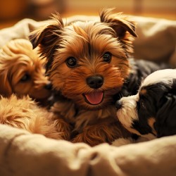 Yorkshire Terrier Puppy In Cozy Laundry Basket With Friends