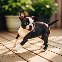 Boston Terrier Puppy Bouncing In Garden