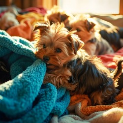 Yorkshire Terrier Puppy Discovers Blanket Mountain