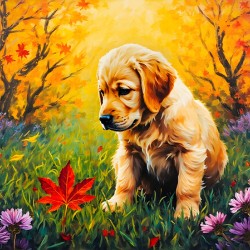 Happy Golden Retriever Puppy Decorated With Leaves