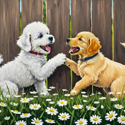 Happy Bichon Frise Puppy Plays With Fence Friend