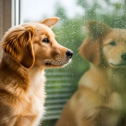 Peaceful Golden Retriever Puppy Rests By Rainy Window