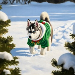 Siberian Husky Puppy In Red Holiday Costume Indoors