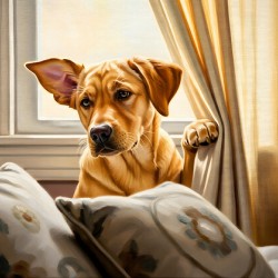 Curious Labrador Puppy Peeking Behind White Curtains