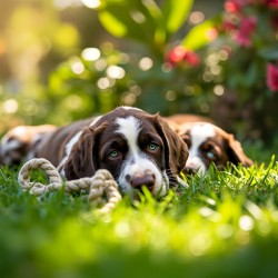 German Shorthaired Pointer Puppies Share Chew Toy Together
