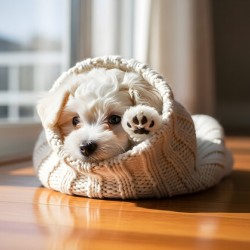 Bichon Frise Puppy Peeking From Sweater Sleeve