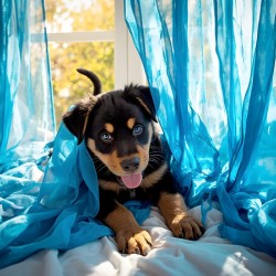 Brave Rottweiler Puppy Sits Confidently By Green Curtains