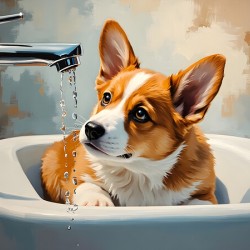 Nervous Corgi Puppy Waits In Bathroom Sink
