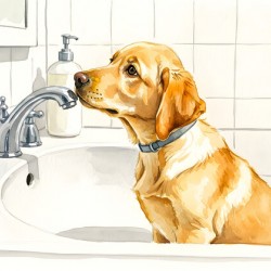 Worried Puppy Waits In Bathroom Sink