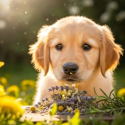 Golden Retriever Puppy Discovers Herb Pile