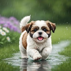 Happy Shih Tzu Puppy Enjoys Raindrop Adventure