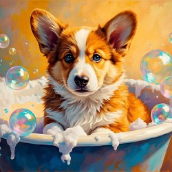 Happy Corgi Puppy Enjoys Bath Time Fun