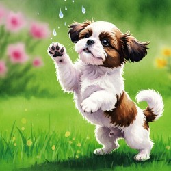Shih Tzu Puppy Discovers Falling Raindrops In Garden