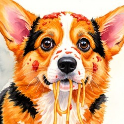 Satisfied Corgi Puppy After Spaghetti Meal
