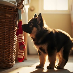 German Shepherd Puppy Discovers Laundry Basket
