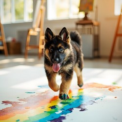 German Shepherd Puppy Discovers Colorful Paint Containers