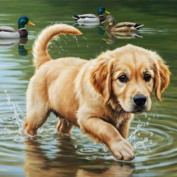 Happy Golden Retriever Puppy Plays With New Duck Friends At Pond