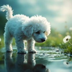Poodle Puppy Discovers Her Reflection In A Puddle