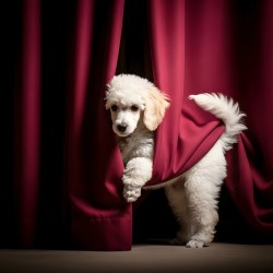 Poodle Puppy Bursts Out From Curtain Hiding Spot