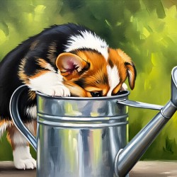 Wet Corgi Puppy Emerges From Watering Can Adventure