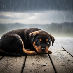 Rottweiler Puppy Seeks Shelter From Heavy Rain