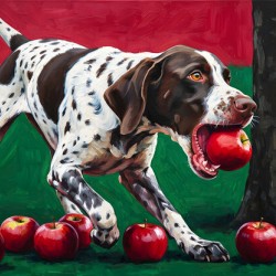 Happy Puppy Enjoys Apple Pieces In Orchard