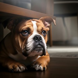 Brave Bulldog Puppy Feels Better Under Table