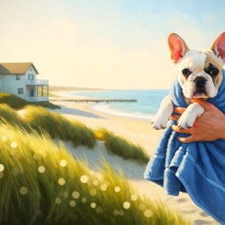French Bulldog Puppy Wrapped In Beach Towel After Swimming