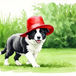 Border Collie Puppy Discovers A Big Red Hat